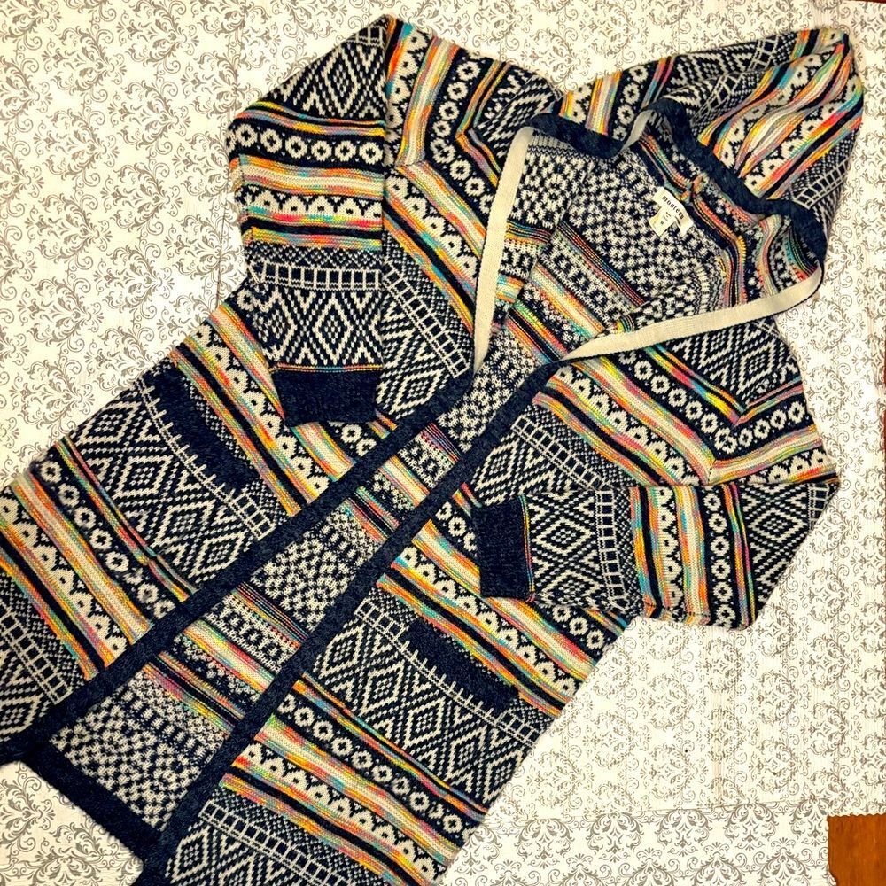 Monteau Multicolor Hooded Patterned Cardigan - Navy, Cream, Yellow, Pink, Green
